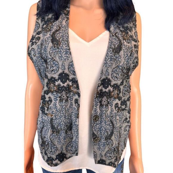 Vintage Boundary Waters Blue Black Boho Print Beaded Vest Size Small Cotton - Picture 3 of 7